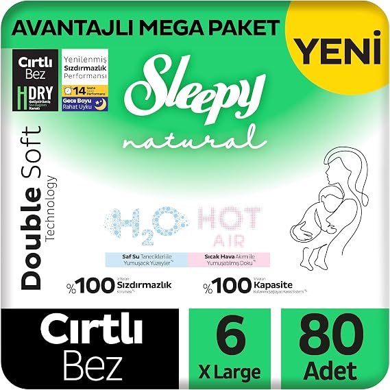 Sleepy Natural Double Soft Avantajlı Mega Paket Bebek Bezi 6 Numara Xlarge 80 Adet