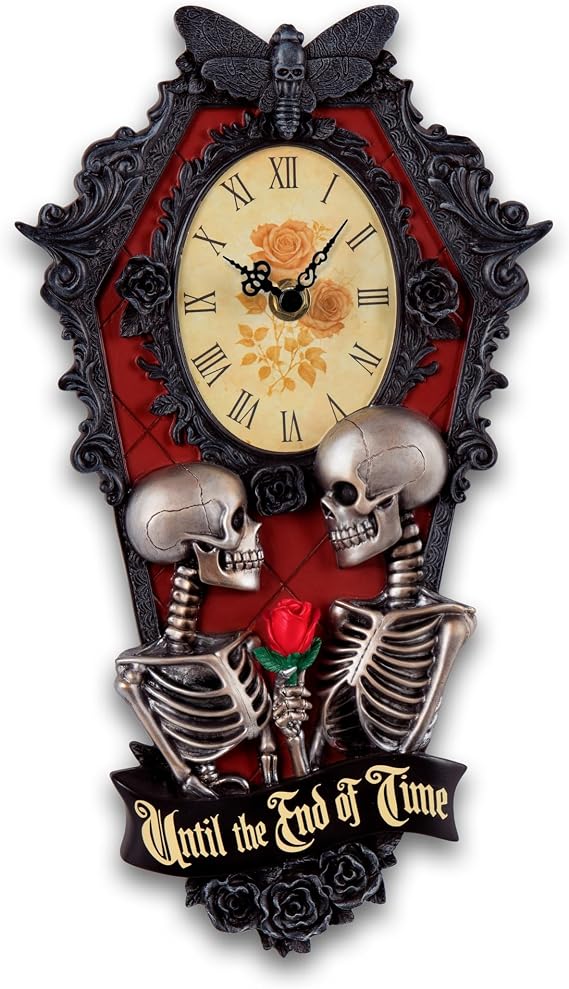 Gothic Coffin Wall Clock, Romantic Skeleton Couple Embrace, Handcrafted Quartz Timepiece with Roses and Skull Accents, Limited Edition Gothic Home Decor Collectible