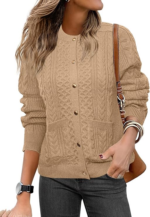 Glamaker Cable Knit Chunky Cardigan Sweater Long Sleeve Crew Neck Button Down Knit Fall Sweaters Trendy Outfits
