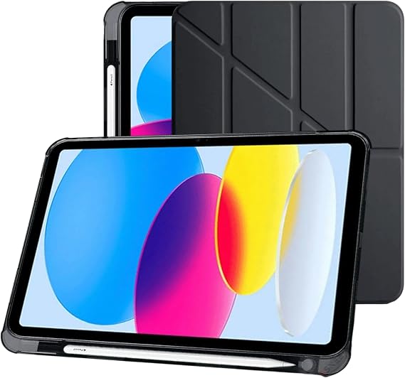 Klasse Apple iPad 10.9 inç 2022 10. Nesil Uyumlu Smart Kılıf, Apple Pencil Kalemlikli, Trifold, Esnek, Mat, Darbeye Tam Dayanıklı Tablet Kılıfı (Siyah)