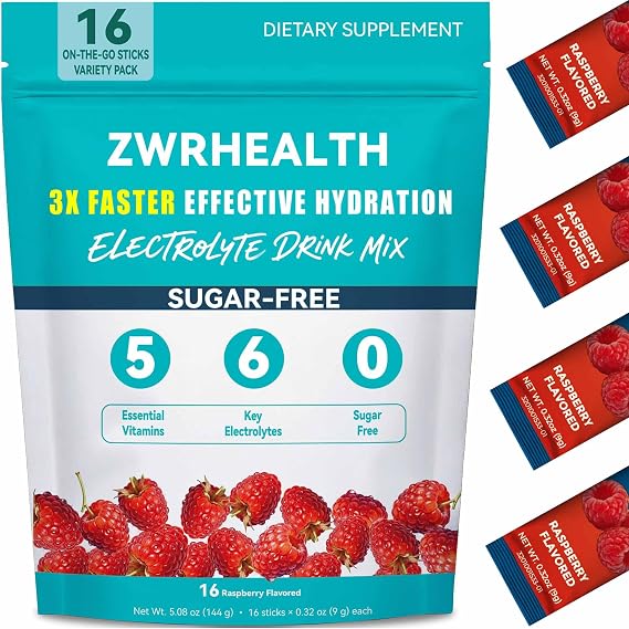 Electrolytes Powder Packets, Sugar Free Hydration Packets, Liquid Daily IV Electrolyte Drink Mix, Instantly Hydrating & Party Recovery with 6 Electrolytes & 5 Vitamins, Raspberry 16 Servings