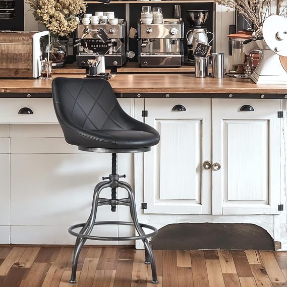 Industrial Design Metal Adjustable Height PU Backrest Seat Chair Vintage Bar Stool Black Leather Seat