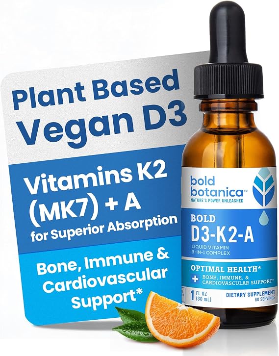 D3 K2 A Liquid Vitamin Drops, Vegan, Bone & Immune Support, 60 Serving | Bold Botanica Vegan D3 from Algae 2500 IU with K2 (MK7) and Vitamin A, For Kids & Adults, Orange Flavor, 1 fl oz