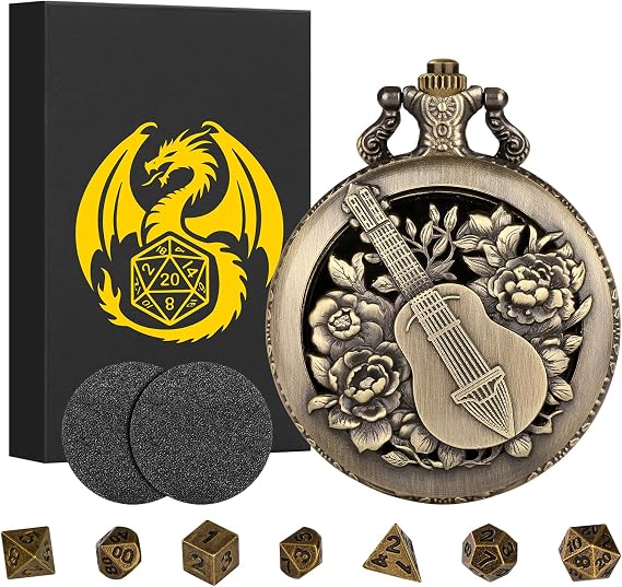 Keller & Weber Mini DND Zar Seti Steampunk İçi Boş Ozan Cep Saati Kabuk Kılıfı, 7 adet Küçük Çok Yüzlü Metal D&D Zar Seti, Hediye Kutusu ile Zindanlar ve Ejderhalar Hediyeleri, Rol Yapma Tahtası Oyunları