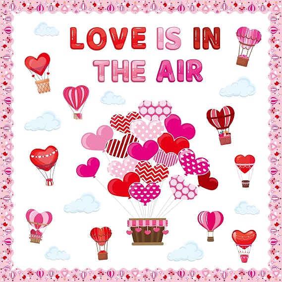 Valentine's Day Classroom Bulletin Board Sets,Love is in The Air Red Pink Love Hot Air Balloons Decorations,for Wall Classroom School Party Supplies