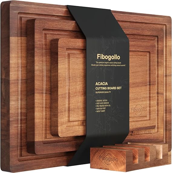 Fibogollo Set of 3 Acacia Wood Kitchen Cutting Boards with Holder