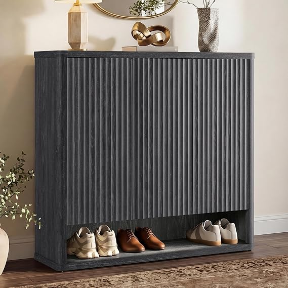 SICOTAS Shoe Cabinet 47.2" Wide Freestanding Fluted Shoe Storage Cabinet with 3 Doors & 4 Adjustable Shelves Large Modern Shoes Rack Organizer Cabinets Storage for Entryway Hallway Living Room