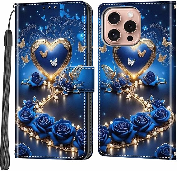 Case Wallet for iPhone 16 Pro, [Kickstand] 3 Card Holder Stand [Shockproof TPU Interior Shell], PU Leather Magnetic Protective Flip Cover 6.3", Blue Flower