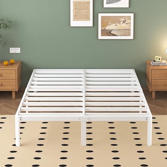 Lutown-Teen White Double Bed Frame 30.5 cm High with Rounded Corner Legs, 4ft 6 Heavy Duty Metal Bed Frame Double 4ft6 with Steel Slats Support, Storage Space Underneath, Easy Assembly