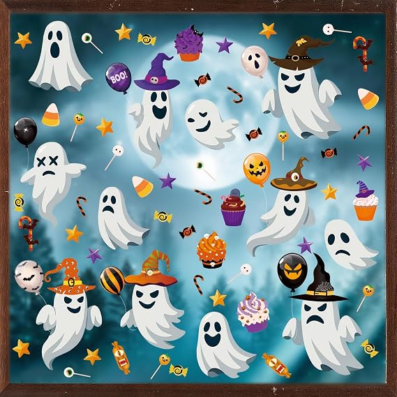 Halloween Ghost Window Clings,Halloween Window Sticker Ghosts,Cute Ghost Wall Sticker,Witch Hats Pumpkin Wall Decals,Skull Ghostly Face Waper for Home Party Glass Haunted House Classroom