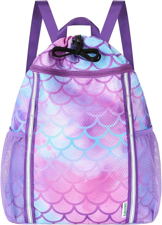 WAWSAM Mermaid Drawstring Backpack for Kids Girls with Two Bottle Pockets