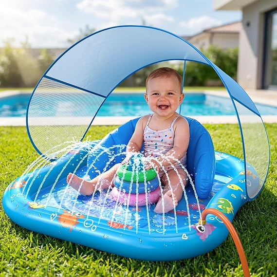 Inflatable Tanning Pool Lounger Float with Sprinkler, 77" x 48" XL Tanning Pool for Adults with Pillow & Cup Holder, 6 in 1 Suntan Tub Sunbathing Bed Pool Floats Adult for Backyard, Beach & Lake