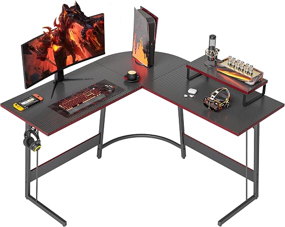 Cubiker L Shaped Gaming Desk Computer Office Desk, 120 cm Corner Table with Large Monitor Stand for Home Office Study Writing Workstation, Carbon Fiber Black