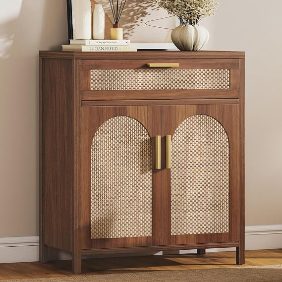 Rattan Sideboard Buffet Cabinet with Storage, Accent Cabinet with Doors and Shelves, Boho Credenza Farmhouse Coffee Bar with Drawers, Kitchen Storage Cabinets for Entryway Living Room,Walnut