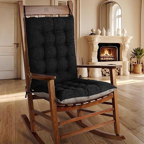 OVOV Non-Slip Rocking Chair Cushion Extra Large Chair Pads with High Back Linen Cushion for Rocking Chair Set of 2 Black