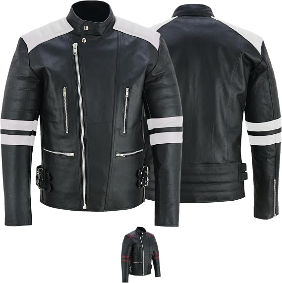 German Wear Leather Motorcycle Jacket Old School Retro Black/White