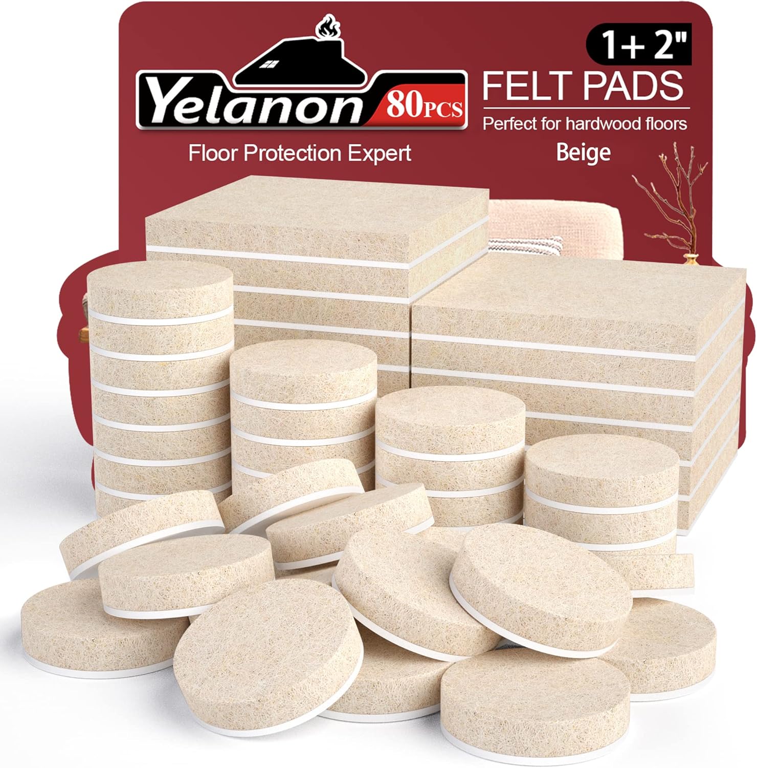Yelanon Felt Furniture Pads - 80 Pcs Anti Scratch Floor Protectors for Hardwoods, Self Adhesive, Beige