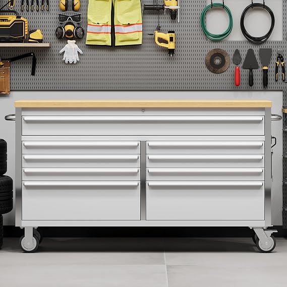 61 Inch Rolling Tool Chest, Garage Workbench with 9 Drawers, Solid Rubber Wood Top, Wheels Lock Key Locking System, Mobile Tool Cabinet Garage, Warehouse and Repair Shop