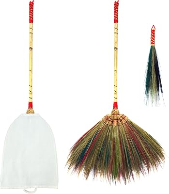 Asian Natural Grass Broom Bamboo Wood Handle Broomstick for Sweeping 3 Piece Set with Dustpan Brush & Duster Cover 100% Handmade Thai Vietnamese Eco Design Corn Whisk Broom