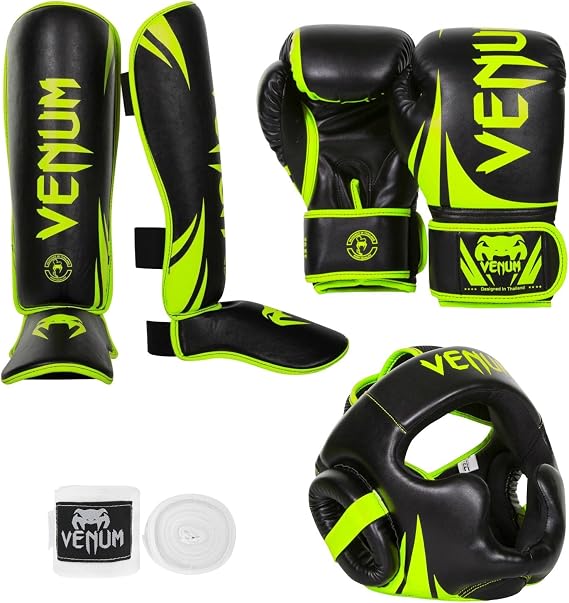 Venum Challenger 2.0 Neo Standup Bundle, Black/Yellow Gloves, Black/Yellow Shinguards, Black/Yellow Headgear, White Handwraps, 12 oz Gloves, Medium Shinguards