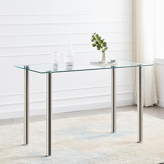 47.2"" Clear Glass Dining Table for 4 People, Modern Rectangular Kitchen Table with Metal Legs
