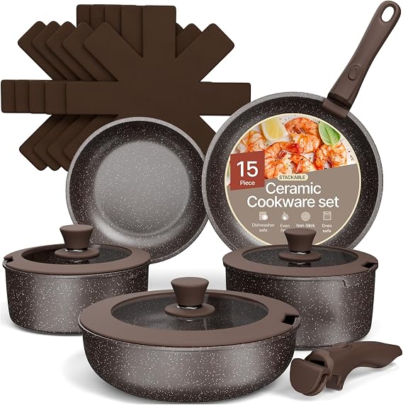 Bakken- Swiss Kitchen Cookware Set - Nonstick Granite Coating, Pots and Pans with Handles and Tempered Glass Lids, PFOA, PFOS, PTFE Free, Ceramic Max Temperature (Up To 500 F), Set of 15 - Dark Gray