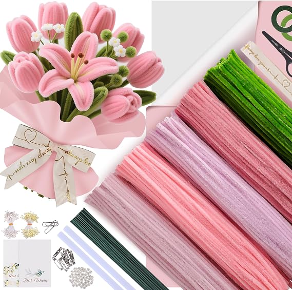 500 Pipe Cleaners in 5 Colors for DIY Flower Crafts, Pink
