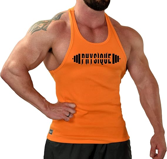 Crazee Wear Men's Orange Bodybuilding, Y-Back, Gym Fitness, Workout, Training, Tank Top with Physique Design
