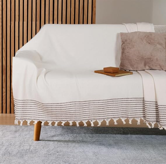 Buldan İşi Kaymaz Pamuklu Koltuk Örtüsü 170x210 Cm Koltuk Şalı Çekyat Kanepe Örtüsü (Kreme Kahve)