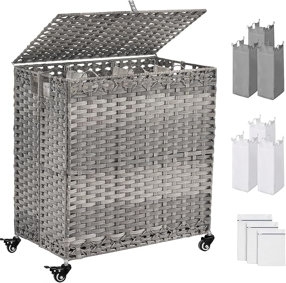 Laundry Hamper with Wheels&Lid, 50.2 Gallons190L Rolling Laundry Basket with Wheels, 3-Section Laundry Hamper, Handwoven Rattan Clothes Hamper
