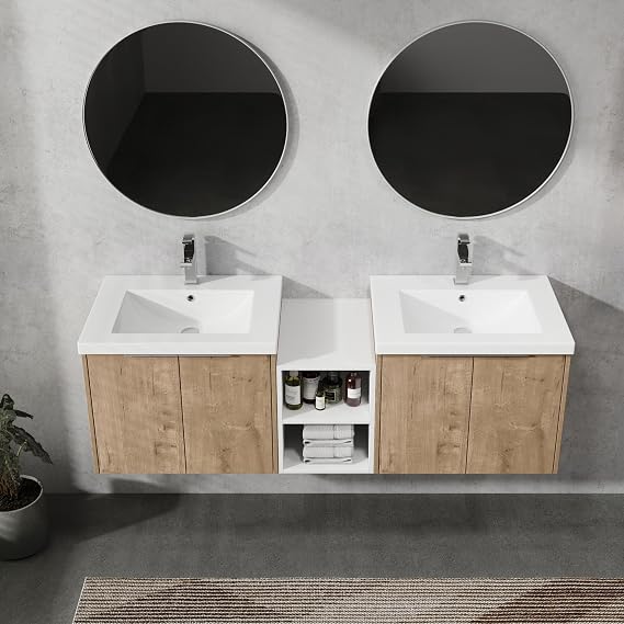 60-Inch Floating Bathroom Vanity with Double Sink Modern Wall Mount Bathroom Vanity Sink Cabinet 60" Large Bathroom Vanities Set with White Open Storage Shelf,Brown