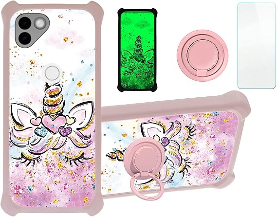 Solana Mobile Saga Phone Case Compatible with Osom OV1 Saga Phone Phone Case Cover [with Tempered Glass Screen Protector][Hard PC + Soft Silicone][Ring Support] [Gold Glitter+Luminous] JSF-JJS