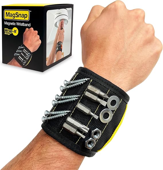 MagSnap Magnetic Wristband by Wrap-It Storage - Black | Great Father Gift Wrist Magnet Tool Belt and Screw Holder