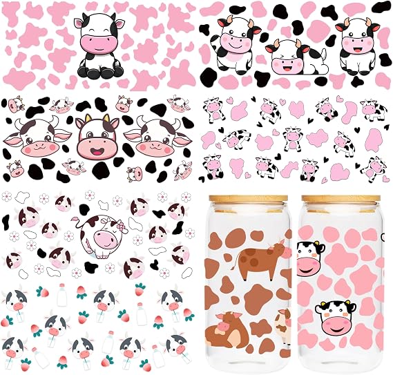 Cute Cow Theme UV DTF Cup Wraps, Transfer Stickers for Glass Tumblers