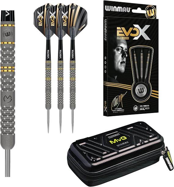 WINMAU Michael Van Gerwen EvoX Darts Set & MVG Armor G1 Case Combo - 22.5g - 90% Tungsten Professional Set + Heavy Duty Dart Storage Bag