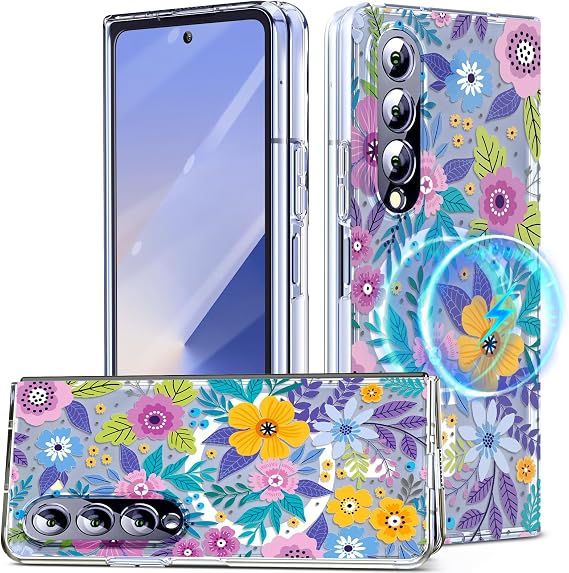 Galaxy Z Fold4 ケース スリム、磁気、透明 クリスタル クリア スリム ハード PC 耐衝撃 傷防止 完全保護カバー Samsung Galaxy Z Fold4 5G 012-11 A02用 - カラフル フラワー 12