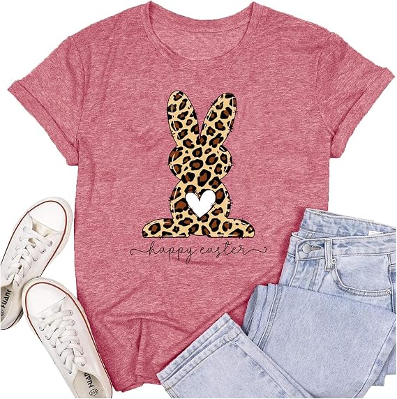 SUWATOIN Easter Day Shirts for Women Leopard Bunny T-Shirt Spring Easter Tee Tops