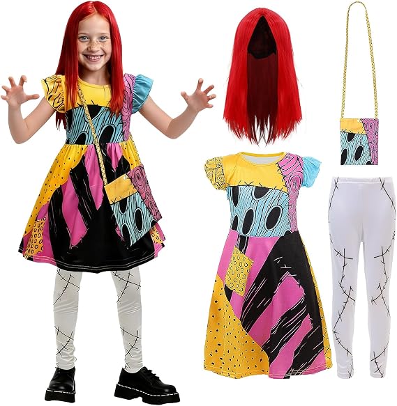 nezababy 4PCS Kids Sally Costume Girls Christmas Sally Dress Wig Bag Tights Cosplay Accessories for Halloween Fancy Dress
