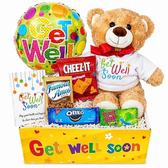 GET WELL GIFT BASKET, care package, w/Teddy Bear & Balloon, Candy & Snacks, greeting card for a sick kid. Recovery gift for a child boy or girl, Feel better soon for home or hospital