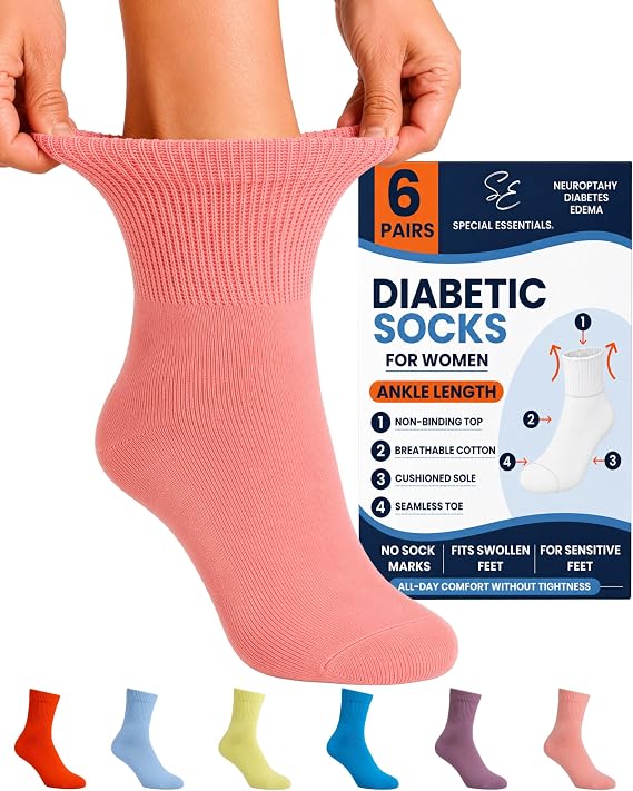Special Essentials Women's Diabetic Ankle Socks, 6 Pairs, Non-Binding