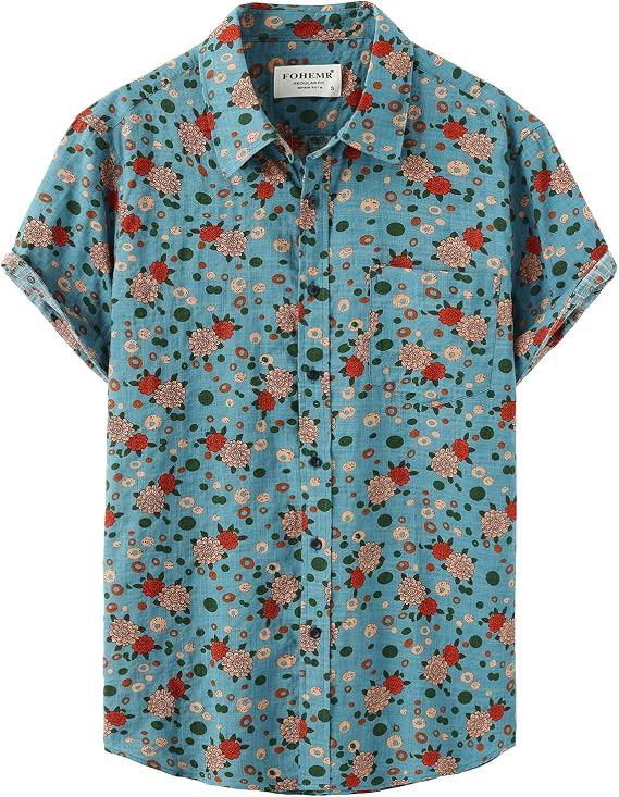 fohemr Men Hawaiian Button Down Shirt, Summer Casual Floral Short Sleeve