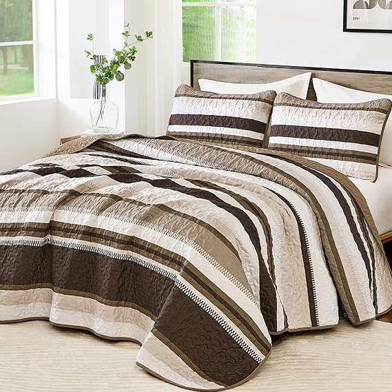 WONGS BEDDING Striped Queen Quilt Bedding Set, Brown Lightweight Bedspread