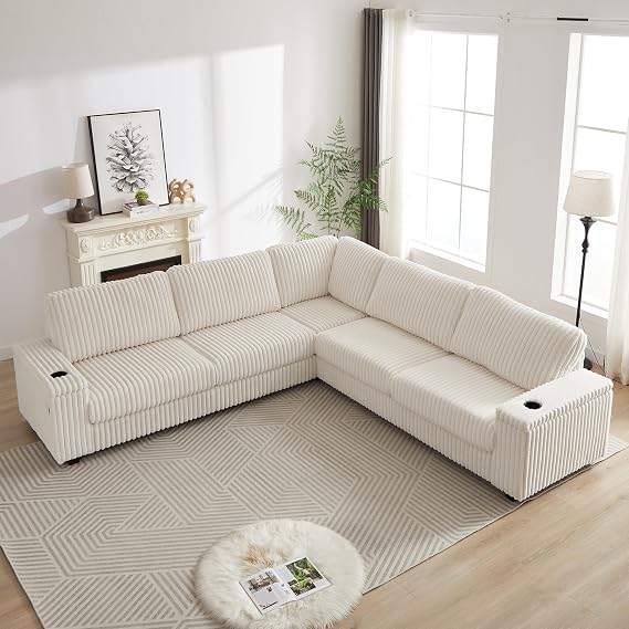 110" Oversized Corner Sofa for Living Room,L-Shaped Corner Couch with 2 Storage Spaces,USB Port&T-pyce Port and Cup-holder,Deep Seat Comfy Upholstered Couches for Apartment/Office, Corduroy,Beige