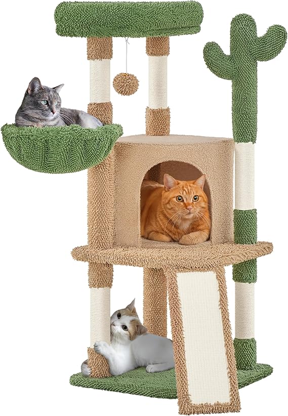 Yaheetech Cactus Cat Tree, 42in Cat Tower for Indoor Cats, Multi Level Kitten Condo Scratching Post, Pet Activity Center Furniture wBall, Plush Perch, Platform, Basket, BrownGreen