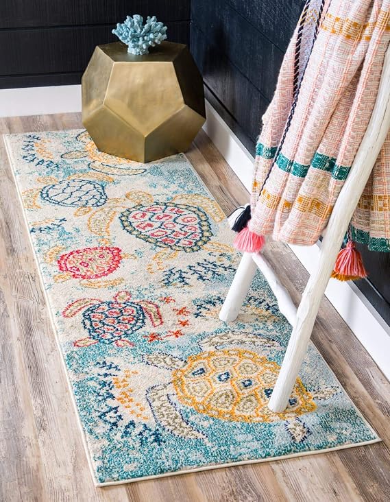 Unique Loom Positano Collection Coastal Modern Turtles Beige Runner Rug (2' x 7')