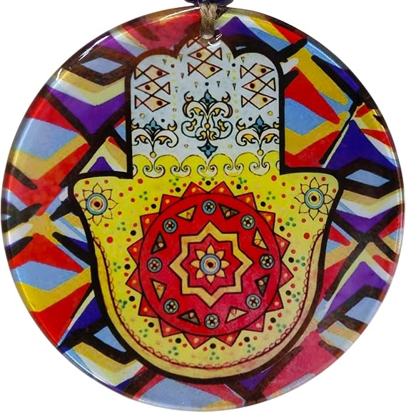 Renkli Geometrik Desenli Cam Hamsa Eli - Nazarlık Ev Hediyesi (16 cm)