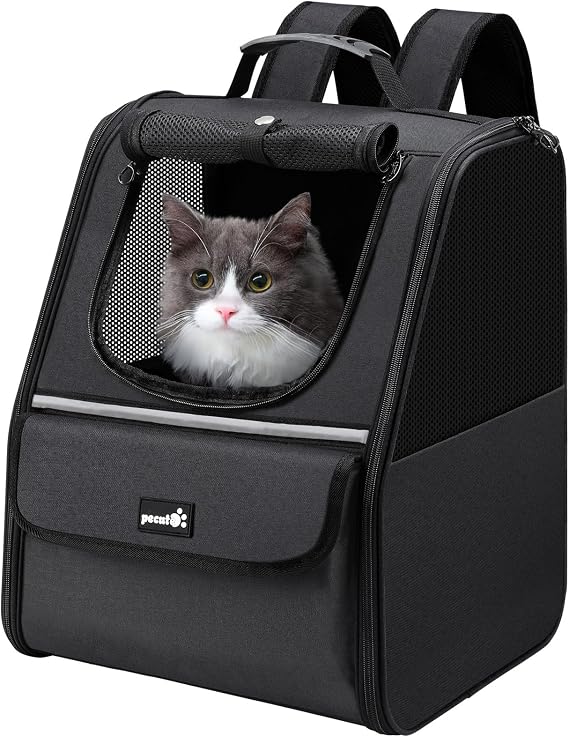 Pecute Cat Backpack Breathable, Cat Backpack Lightweight and Portable,Black | Dog Backpack with Safety Rope, Carrier for Pets up to 6kg, Adjustable Pet Backpack for Travel, Hiking, Walking