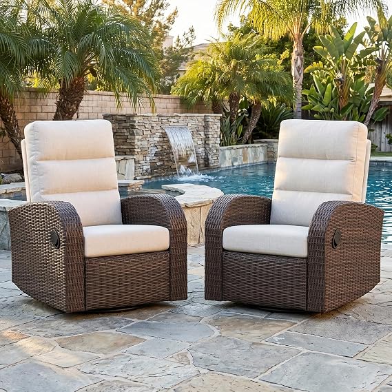 LayinSun Oversized Wicker Outdoor Swivel Glider Recliner with Adjustable Backrest & Footrest, Patio Reclining Lounge Chair - Set of 2