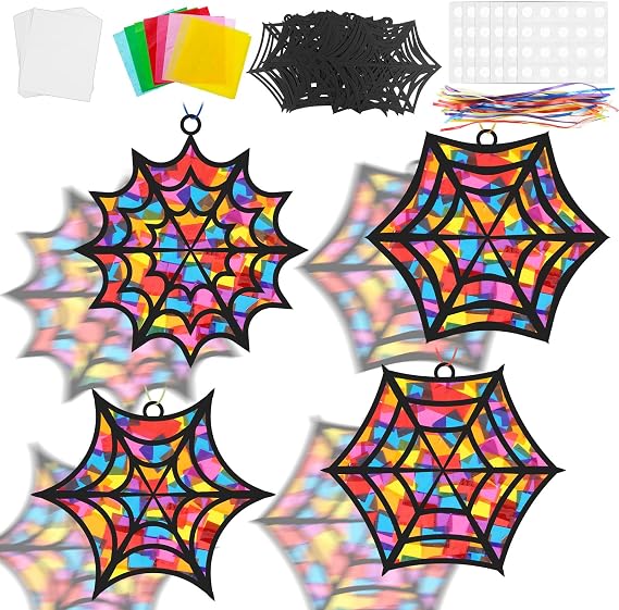 Lonfliness 32Pcs Halloween Suncatcher Kit Halloween Window Art DIY Suncatcher Crafts for Kids Spider Web Sun Catcher Craft Stained Glass Effect Tissue Paper Halloween Party Favors Kids Classroom Decor