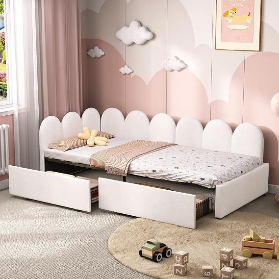 3ft Single Daybed with Two Storage Drawers, Modern Youth Bed frame with Wooden Slats, Velvet Sofa Bed for Living Room/Bedroom/Study Room (Cream White, 90X190cm)